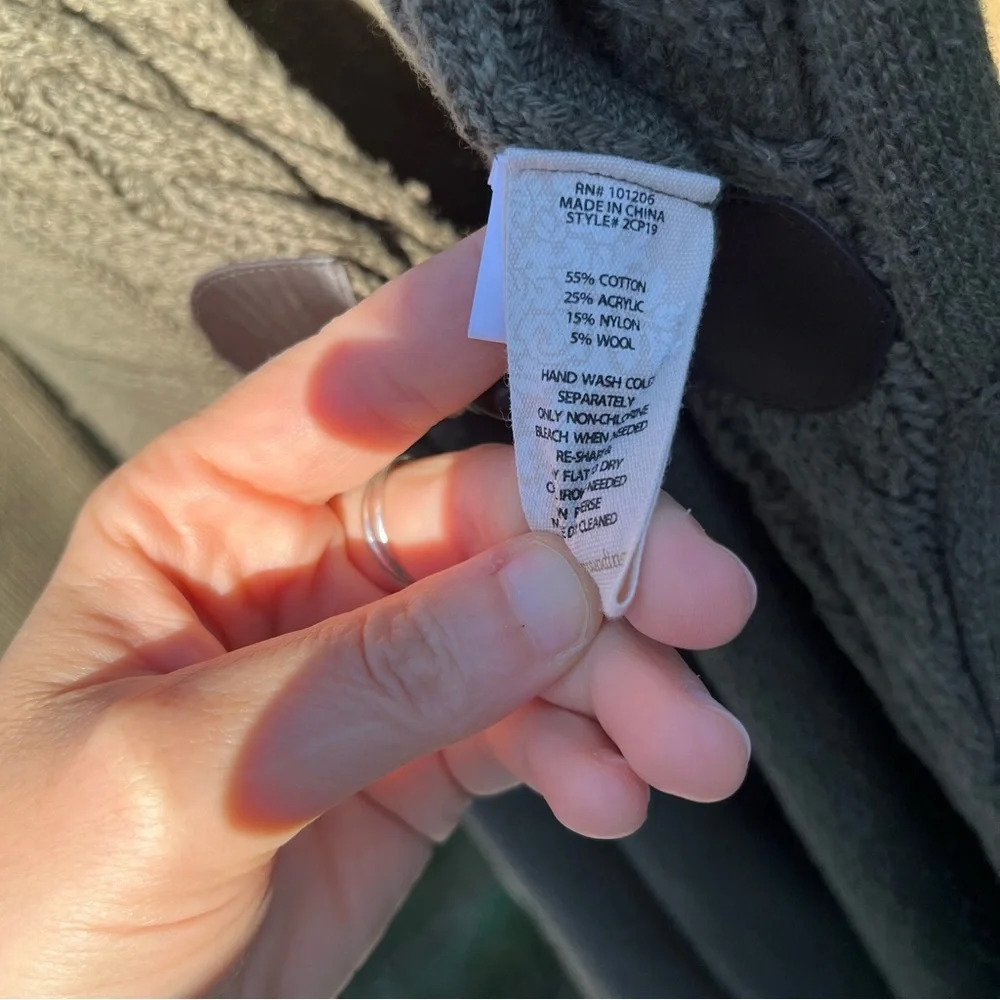 SOFT SURROUNDINGS ~ Green Asymmetric Cable Knit Wool Blend Cardigan with Clasp - Picture 11 of 12